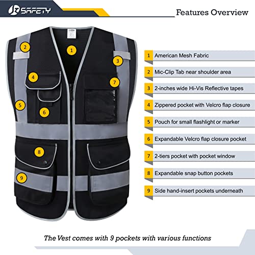 Image of JKSafety 9 Pockets High Visibility Safety Vest for Men and Women, Hi-Vis Reflective Black Safety Vests with Zipper Front, Meet ANSI /ISEA Standards(159-Black L)
