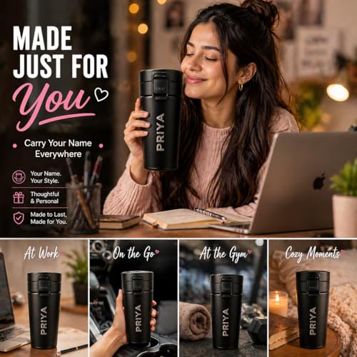 Image of Fitness Mantra Custom Name Engraved Coffee Mug 380ml | Personalized Stainless Steel Travel Mug | Leak Proof, Double Wall Insulated | Unique Gift for Men & Women | Hot & Cold Thermal Cup