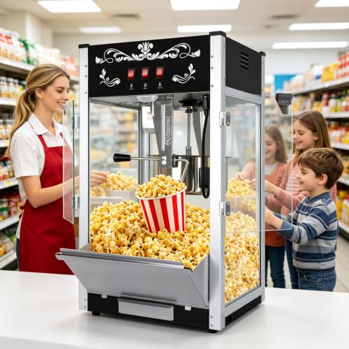 Image of Commercial Popcorn Machine With 24 OZ Kettle for Theater Style, Black | Countertop Popcorn Machine Stainless Steel, 3-Switch Control, for Home, Movie Night, Parties, Office, School, Business