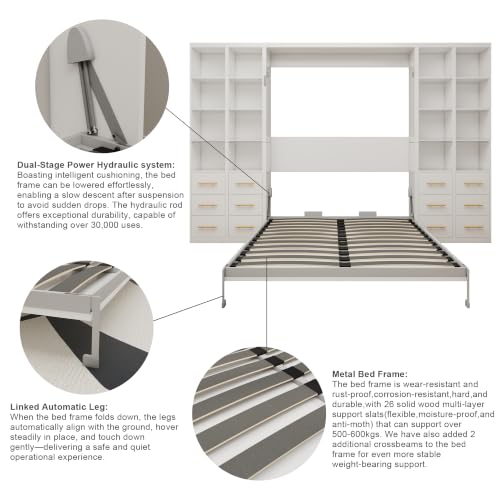 Image of KEIKI Queen Size Vertical Cabinet Murphy Bed with 4 Side Cabinet, White | Multifunctional Foldable Hideaway Wall Metal Bed Frame, No Box Spring Needed, Easy Assembly, for Bedroom, Guest Room
