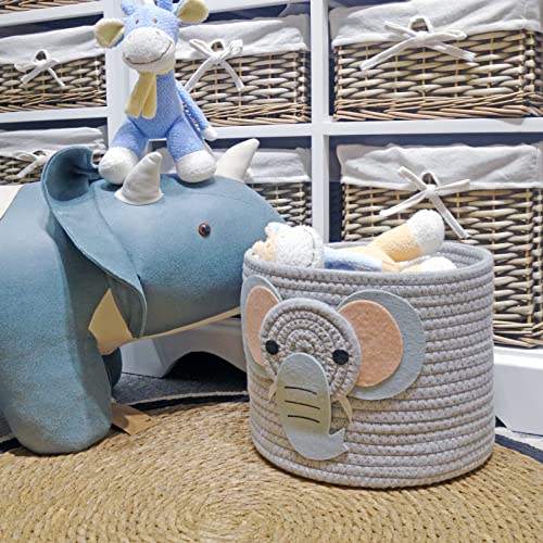 T&T Homewares Small Cotton Rope Baskets With Safari Theme Design For Baby Diaper Organizer, Nursery Storage, Nursery Room Decor, Kids Room Organizer, Cat Dog Toy Storage (Small Elephant) #TOP3