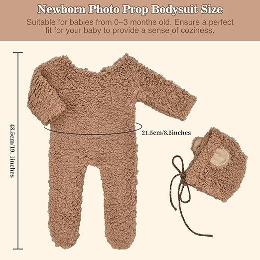 Image of Babymoon Set of 2 | Fleece Suit with Infant Baby Bear Cap Hat | Baby Photography Props Costume | Baby Gift Set | 0-3 Months | Brown