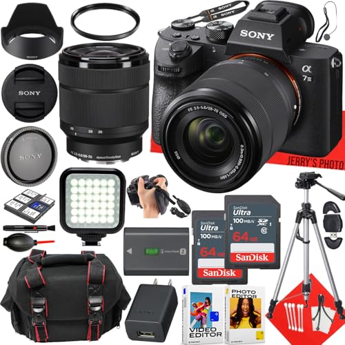 Sony a7 III Mirrorless Camera with Sony FE 28-70mm f/3.5-5.6 OSS Lens + 2pc 64 GB Memory + LED Light + Camera Case + Tripod + More (27pc Bundle) (Renewed)