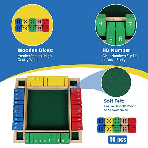 Gothink 12 Inch Shut The Box Dice Game With 10Pcs Dices Colorful Traditional Wooden Table Math Board Game 10 Numbers For Kids Adults, Family Classroom Home Or Pub Bar 1-4 Players #TOP3
