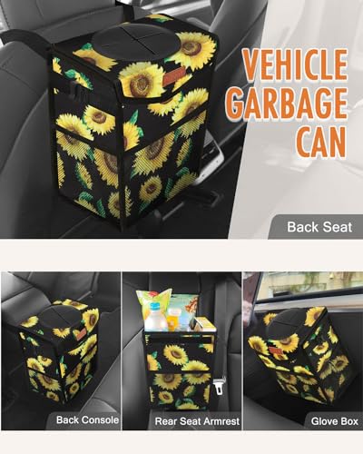 Image of Pritent Car Trash Can with Lid, Cute Leakproof Car Trash Garbage Bag Hanging Vehicle Trash Bin Small Portable Automotive Garbage Cans Organizer for Back /Front Seat /Console(2.8 Gallons,Sunflower)
