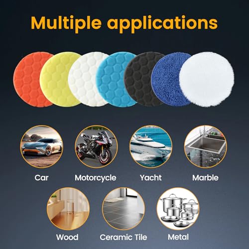 Image of Buffing Polishing Pads 5 Inch - 7Pcs Car Buffer Foam Pad Kit with Hook and Loop, Compound Cutting Sponge and Wool Pad for Polishing and Waxing