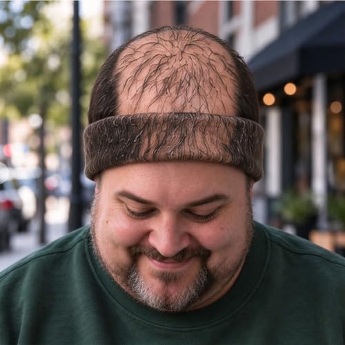 Funny Bald Head Hat Novelty Beanie Cap with Realistic Hair for Men - image 3