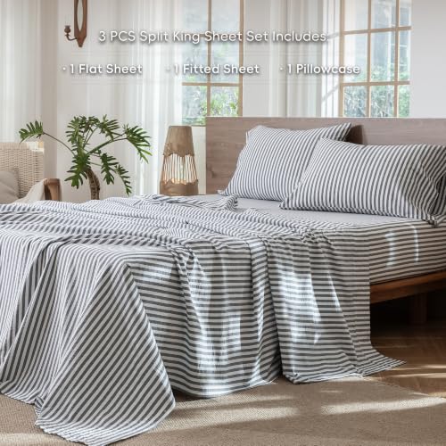 Image of MooMee Striped Sheet Set 100% Washed Cotton Linen Like Twin