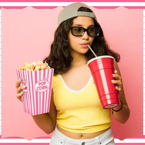 Image of Xinnun 100 Pcs Popcorn Boxes 32 oz Classic Stripe Paper Popcorn Buckets Bulk Disposable Oil Proof Container Vintage Retro Open Top Holders for Movie Night Supply Theater Carnival Party(Pink)