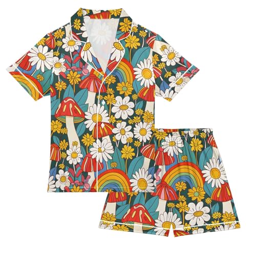 ALAZA Flower Mushroom Rainbow Satin Pajamas Set Short Sleeve Button Down Sleepwear Summer Pjs 2 Piece