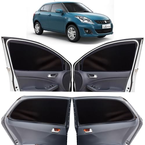 Image of OTO2EYE Car Sun Shade Compatible for Swift Dzire Model-2012-2017, Z-Black Super Magnetic Grip, Front Window Zipper, Side Window Curtains, 4 Pieces Set