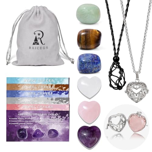 Raicegs Healing Crystal Necklace Set Heart Stones Necklaces for Women Cord Cage and Lockets Pendant Real Crystal and Healing Stone Jewelry Crystal Gifts