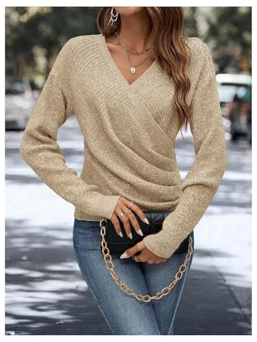 Image of SOLY HUX Women's V Neck Long Sleeve Off Shoulder Sweaters Criss Cross Wrap Ruched Pullover Fall Tops