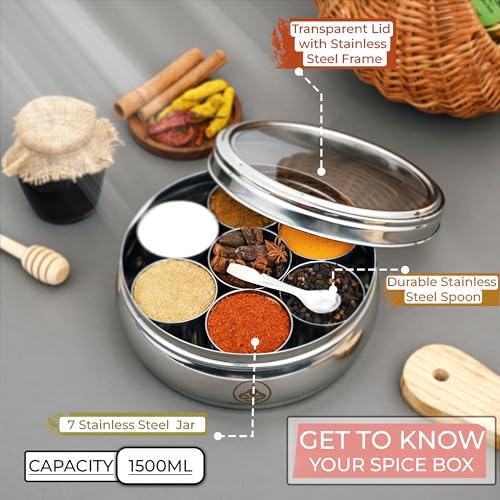 Image of Spice Box - 7 Compartment Food Grade Stainless Steel Masala Container with Lid & Spoon | Bold Kitchen Organizer for Everyday Cooking (Silver) 1500 Ml