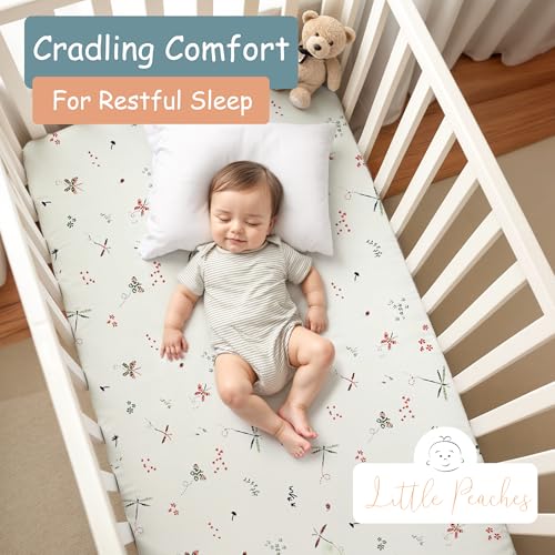 Image of Baby Girl Crib Sheets - 2 Pack Fitted Bedding Essentials, Super Soft Stretch Knit for Crib & Portable Mattress - Butterfly & Lilac