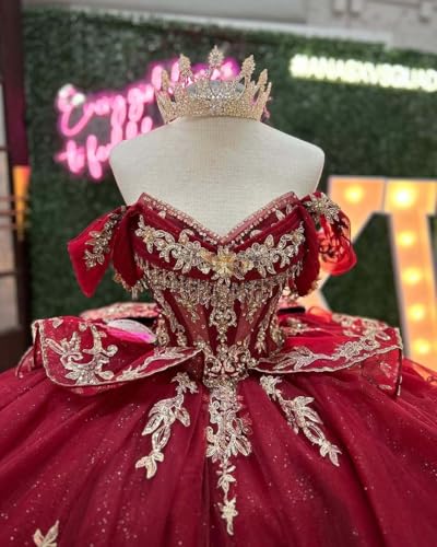 Mauuwy Sparkly Gold Applique Quinceanera Dresses Layered Tulle Sweet 15 16 Dresses Beaded V Neck Bow Dress with Tassel2