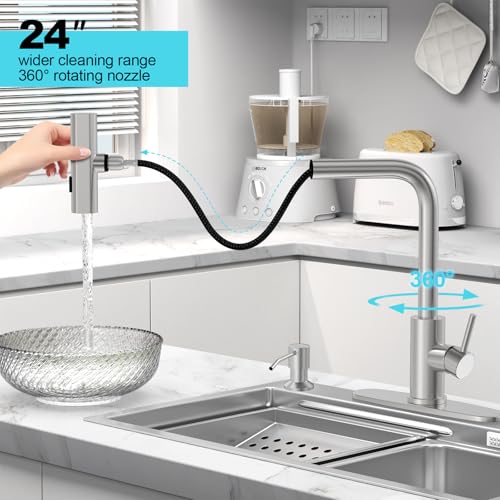 AVSIILE Brushed Nickel Kitchen Faucets with Pull Down Sprayer & Soap Dispenser, Single Hole & Handle, Pull Out Tap, Waterfall Stainless Steel Sink Faucet for Farmhouse Camper Laundry Rv Bar - Image 4