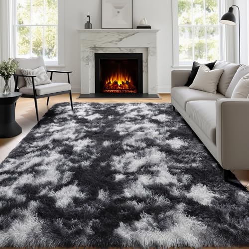 PAGISOFE Black White Grey Bedroom Rugs 4x6 Ft, Soft Fluffy Fuzzy Plush Indoor Floor Area Rug for Living Room Kids Room Playroom Dorm Home Office Nursery Men Boys Rooms Decor Carpet Aesthetic