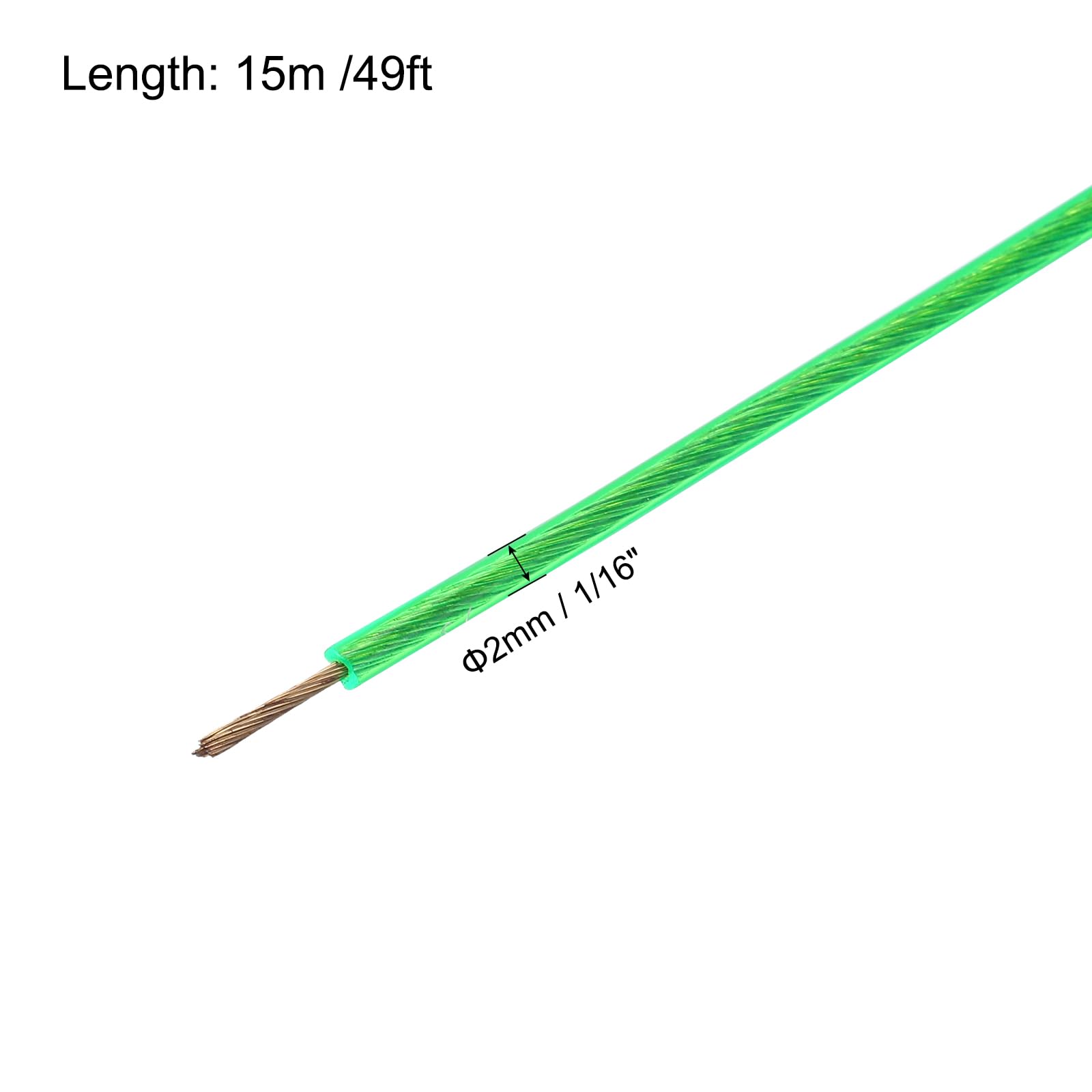 MECCANIXITY 2mm (1/16 inch) Green Vinyl Coated Wire Rope, 15m /49ft Galvanized Steel Cable Wire Rope with 4PCS M3 Loop Sleeves for String Light Hanging, Deck Railing, Garden Wire