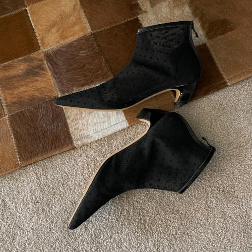 DINTAHA Womens Black Mesh Booties Low Heel Pointed Toe Low Kitten Heel Boots Polka Dot Kitten Heels3