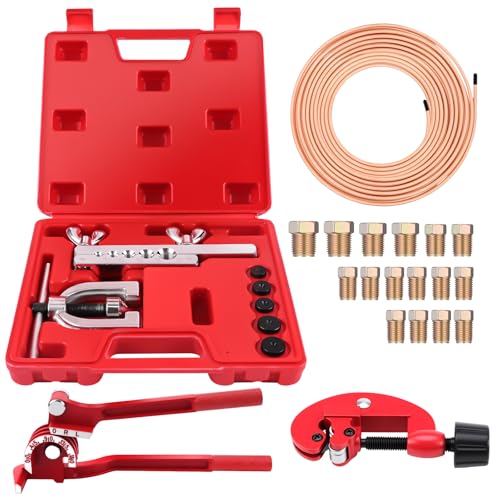 KAOLALI Kit Tuyau Frein Voiture, Ligne Frein en Acier Cuivré 7.6 M, Ø4,75mm, avec 16 Raccords + 4 Connecteurs, 3 en 1 Cintreuse Tube Cuivre, IdéAl pour Les SystèMes De Freinage Hydrauliques De Voiture