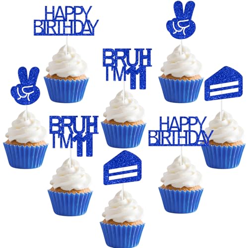 Sursurprise Bruh It's My 11th Birthday Decorations Blue, 24 decorazioni per cupcake di compleanno con Bruh I'm 11, decorazioni per feste di compleanno di Preteen e Teen Boy