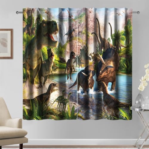 Kzzfqxb Cortinas de Dibujos Animados de 117x138cm 2 Paneles, diseño de Dinosaurios de la era jurásica Bosque río, decoración de fantasía para Dormitorio Infantil guardería y Sala de Estar