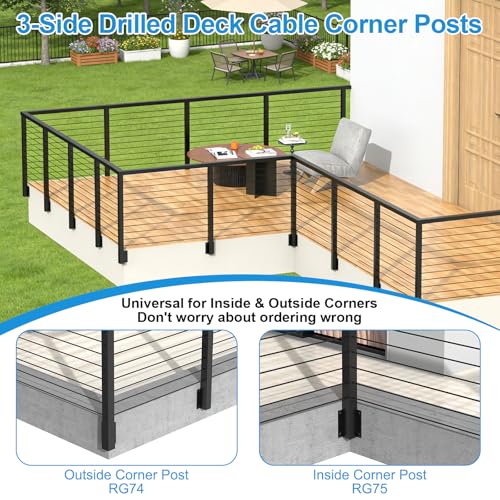 Image of 36 inch Side Mount Outside Corner Cable Post, 3-Side Drilled Flat Top Outer Corner Post(Post 44 inchx2 inchx2 inch), Space-Saving Fascia Mount Cable Railing System, Stainless Steel Wire Railing Kits, RG74