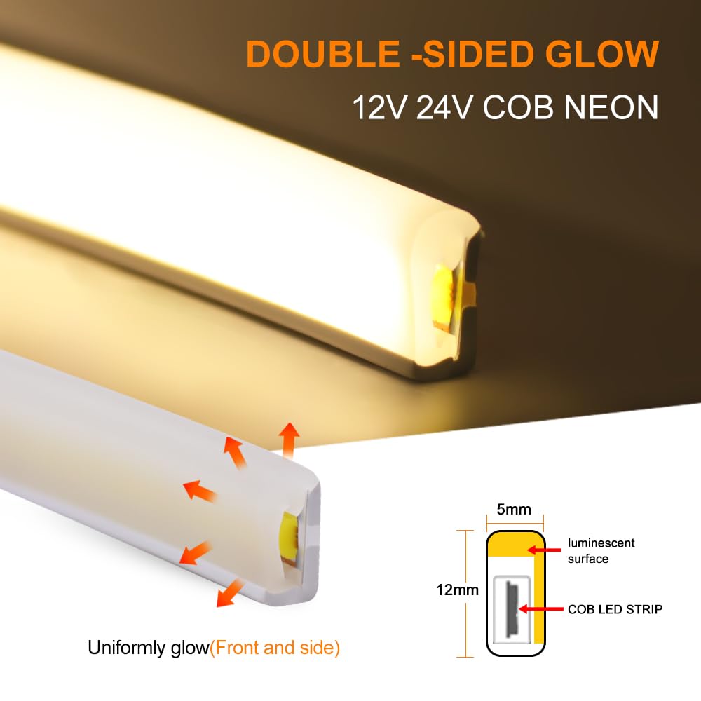 KISUFU 12V Tira LED COB, IP65 Impermeable 2 PIN Neon Led Strip 320 LEDs/m Luminiscencia de doble cara Tiras de Luces LED para Cocina, dormitorio, salón, iluminación.(Sin adaptadores de alimentación)