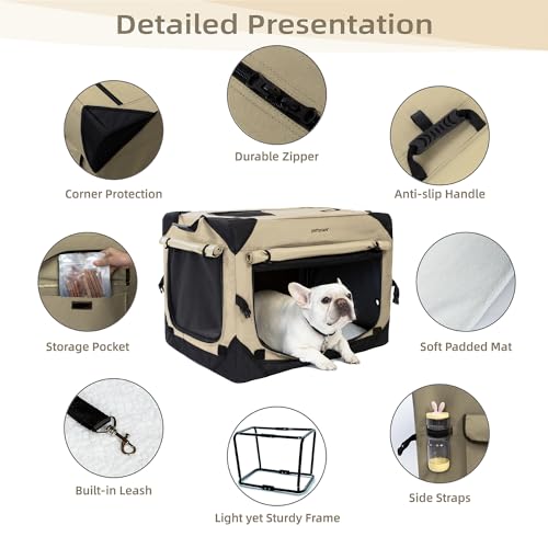 Pettycare 36 Inch Collapsible Dog Crate with Curtains Travel Dog Crate for Airflow and Calm Soft Pet Kennel with Portable Bag and More Chew Proof Mesh Indoor & Outdoor Beige 4 Door Curtains - Image 4