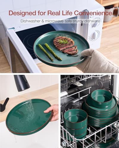 Image of Famiware Nebula Ridge Stoneware Dinnerware Sets for 8, 24 Pieces Plates and Bowls Sets, Dishes Set, Microwave and Dishwasher Safe Kitchen Plates, Dark Green