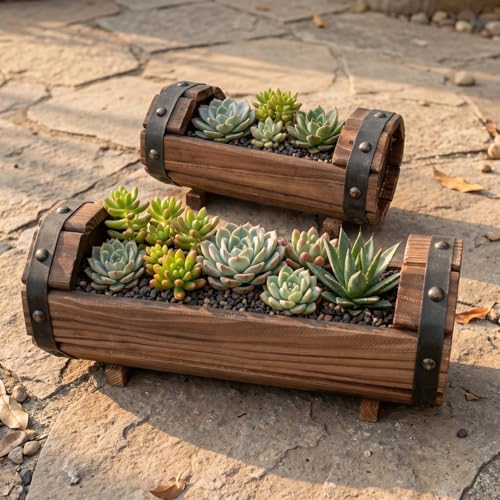 Image of DOITOOL Half Barrel Planters Outdoor, 2 Pack Rustic Solid Wood Flower Pots for Plants, Carbonized Wooden Whiskey Wine Barrel Planter Set for Garden Patio Porch Windowsill Decoration (Brown)
