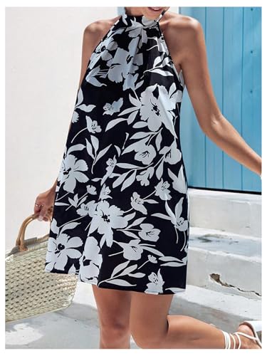 Image of Floerns Women's Sleeveless Floral Print Sundress Halter Neck A Line Short Dress