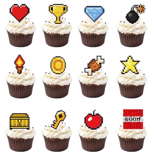 24pcs Pixel Style Birthday Cupcake Toppers Set, 12...