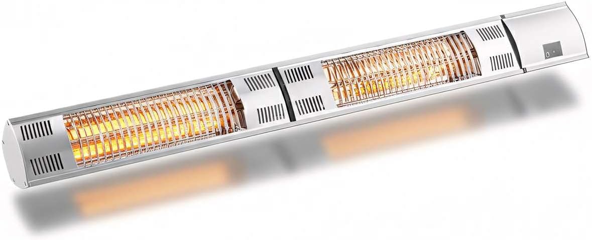 3,000W Silver Commercial Electric Outdoor Patio Heater – 220-240V Double Tube Wall/Ceiling Mount with Remote Control, IP44 Waterproof