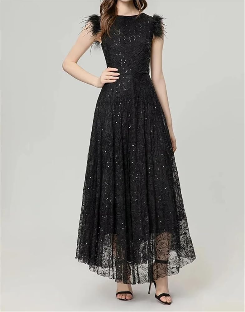Women's Vintage Elegant Black Party Dress Sequins Flowers Embroidery Feathers Dresses