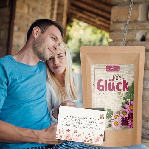 EXPLORITEA 100% Glück Früchtetee – Aromatische Apfel-Vanille-Zitrusmischung im ZIP-Lock Kraftpapierbeutel Natürlicher Genuss, ideal als Geschenk für den besonderen Menschen, dem Du Gutes wünscht