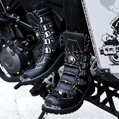 Men S Black Genuine Leather Combat Boots Gothic Skull Style Punk Style Motorcycle Boots Thin Strap High Top Combat Boots Suitable For Cycling Parties And Outdoor Activities