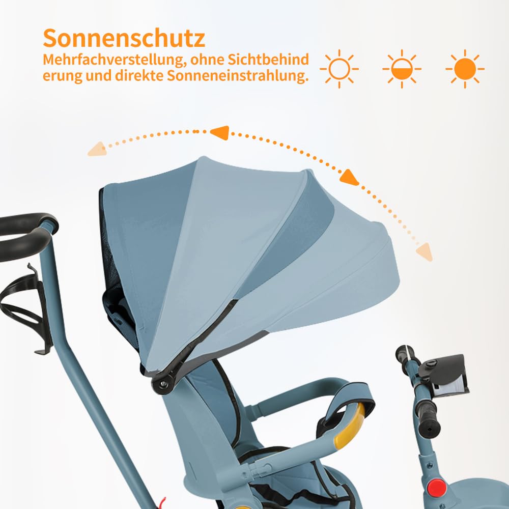 4-in-1 Kinderdreirad mit Schubstange & Lenksteuerung, Blau | Baby Fahrrad ab 1 Jahr, Sicherheitsbügel, Fußstütze & Korb, Faltbare Markise