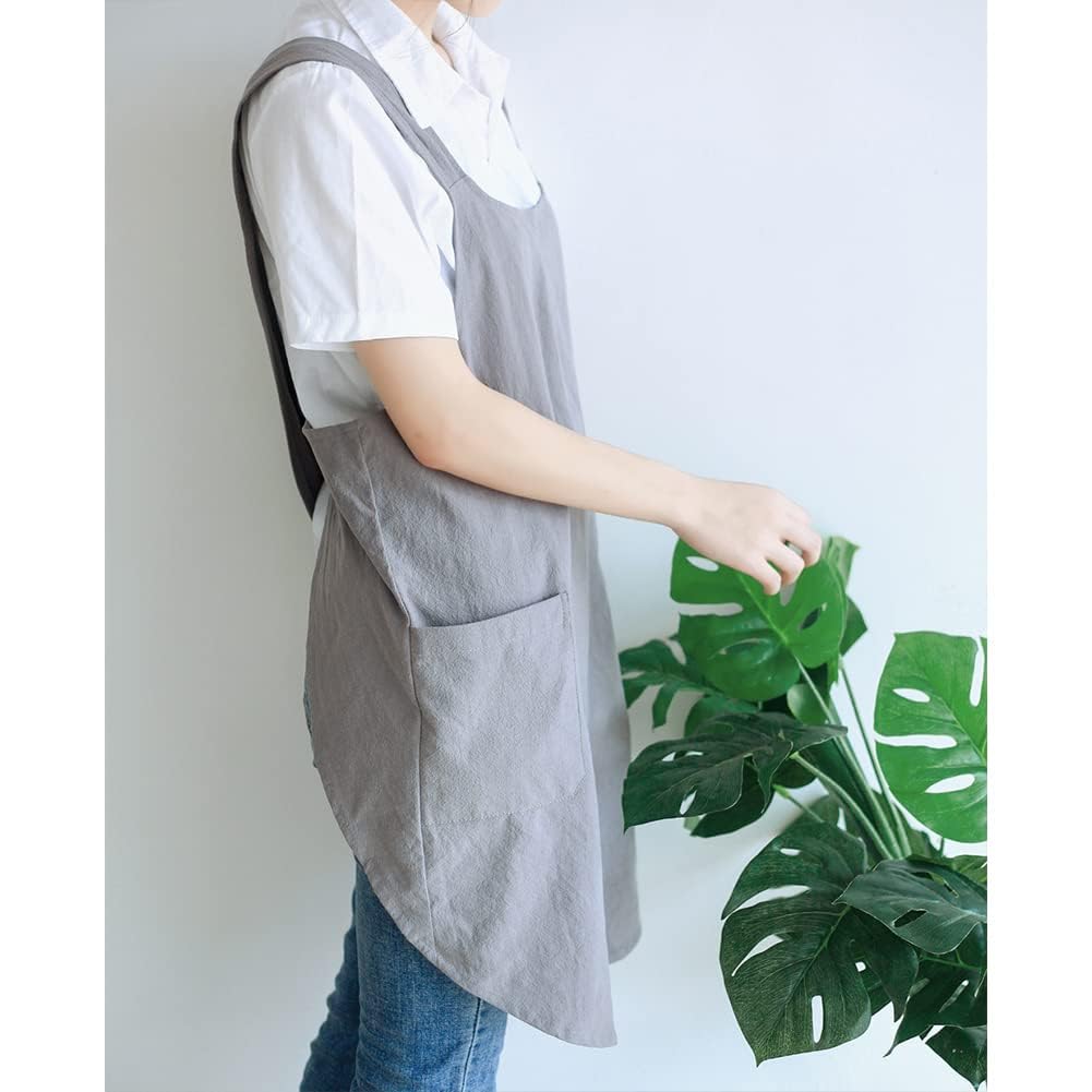 Garvee Delantal Japonés De Algodón y Lino Para Mujer – Tirantes Cruzados Desmontables, 2 Bolsillos Amplios, Ideal Para Cocina, Hornear, Barbacoa y Jardinería