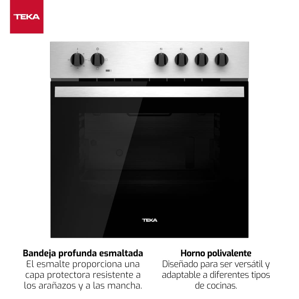 Teka HBE 435 ME - Horno Polivalente Convencional de 60 cm, 3 Funciones de Cocinado, Puerta 2 Cristales, Bandeja Profunda Esmaltada, Color Acero Inoxidable