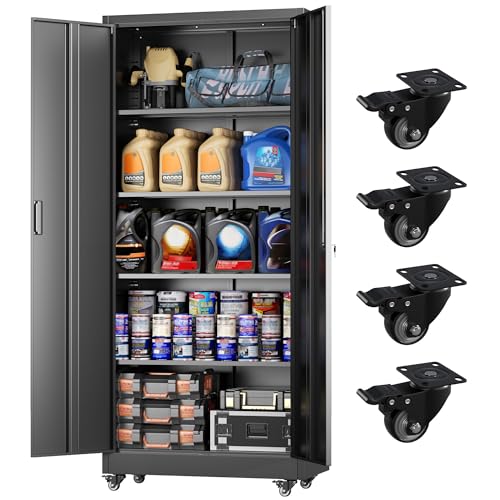 Greenvelly 73 Rolling Storage Cabinet Black Metal Garage Cabinet with Locking Doors and 4 Adjustable Shelves for Home Kitchen Office Warehouse(32 W x 16 D Wheels)