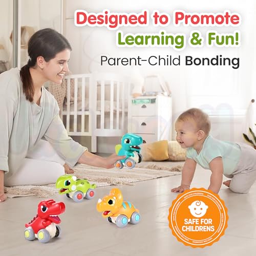 Image of Kidology Push & Go Dinosaur Cars Toy for Toddlers, Friction Powered Dino Cars Set of 4, Mini Pull Back Vehicle, Montessori Educational Toy for Boys & Girls, Birthday Gift for Kids