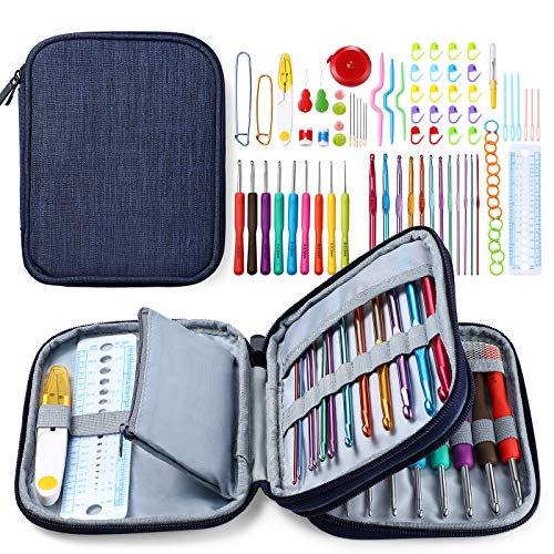 ISSEVE 85Pcs Crochet Hook Set Accessories with Storage Bag, Ergonomic Crochet Hooks Knitting Needles Weave Yarn Kits DIY Tools for Beginners and Experienced Crochet Lovers