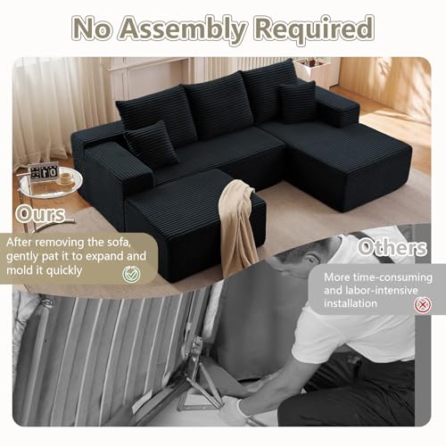 Image of Lakifun 107 inch U-Shape Cloud Couch, Modern Modular Sectional Comfy L-Shape Sofa with Ottoman, Deep Seat, Upholstered Corduroy Sleeper Chaise Longue for Living Room Bedroom, No Assembly Required, Black