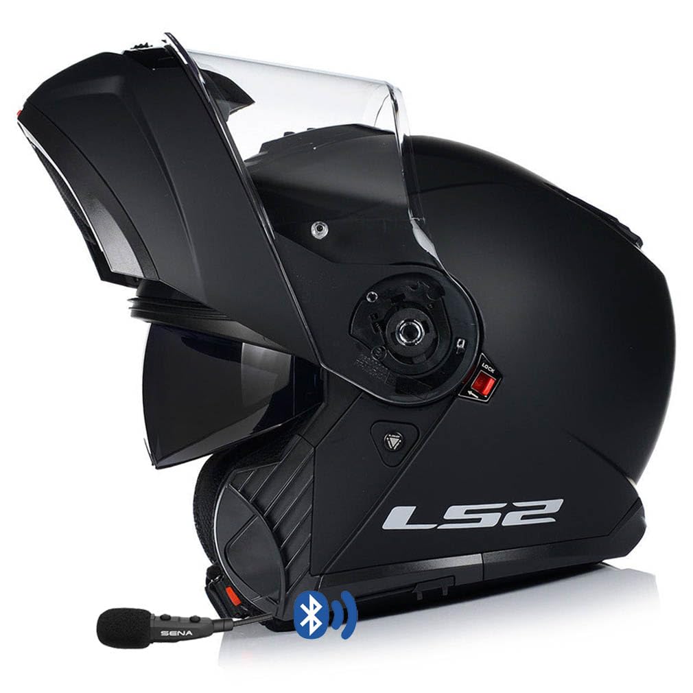 LS2 FF908 Strobe II Designed Negro Mate - Sena Bluetooth-Intercom Integrado - Casco de Moto Modular con Visor Solar - Homologado ECE 22.06