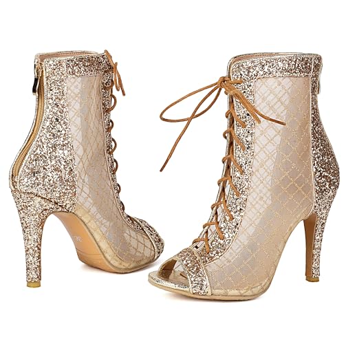 Image of Women's Lace Up Dance Heels Open Toe Mesh Sparkling Sequin Booties Peep Toe Stiletto High Heel Dance Shoes