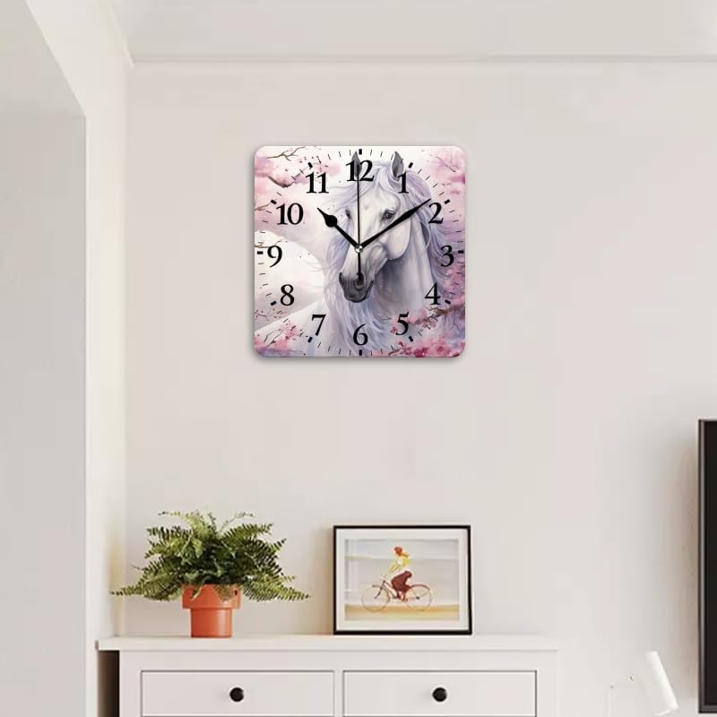 Quartz Wall Clocks Non-Ticking Silent Battery Operated Modern Wall Clocks Decorative for Home,Bedroom-White Horse Surrounded by Cherry Blossoms(12inch)