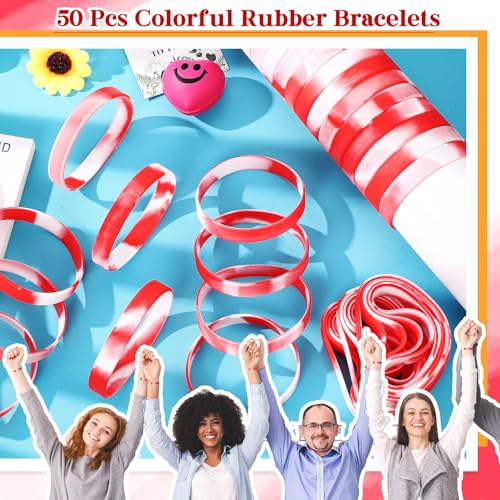 Liliful 50 Pcs Plain Silicone Rubber Bracelets Elastic Rubber Wristbands Blank Colored Bracelet Sports Bands for Stretch Wristband Wrist Bands for Women Men Party Gifts(Red and White)3