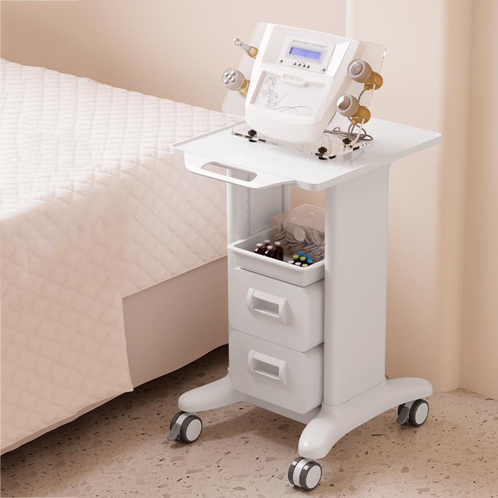 Mobilny Wózek Na Laptopa, Cztery Kółka Obrotowe, Wózek Na Laptopa Ze Schowkiem I Szufladą, Odpowiedni Do Laboratoriów, Gabinetów Lekarskich I Salonów Kosmetyczn,Grey-2-draw 1-box style